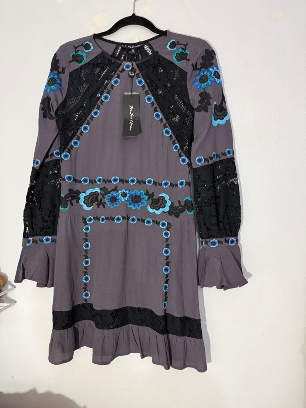 NWT For Love& Lemons Cecelia Purple Floral-Detail Long Sleeve Mini Dress small - Picture 3 of 7